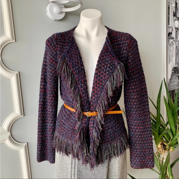 ✨NWT Maje Purple Tweed Open Front Metallic Fringe Mask Cardigan Size 2 or Medium - Picture 10 of 10